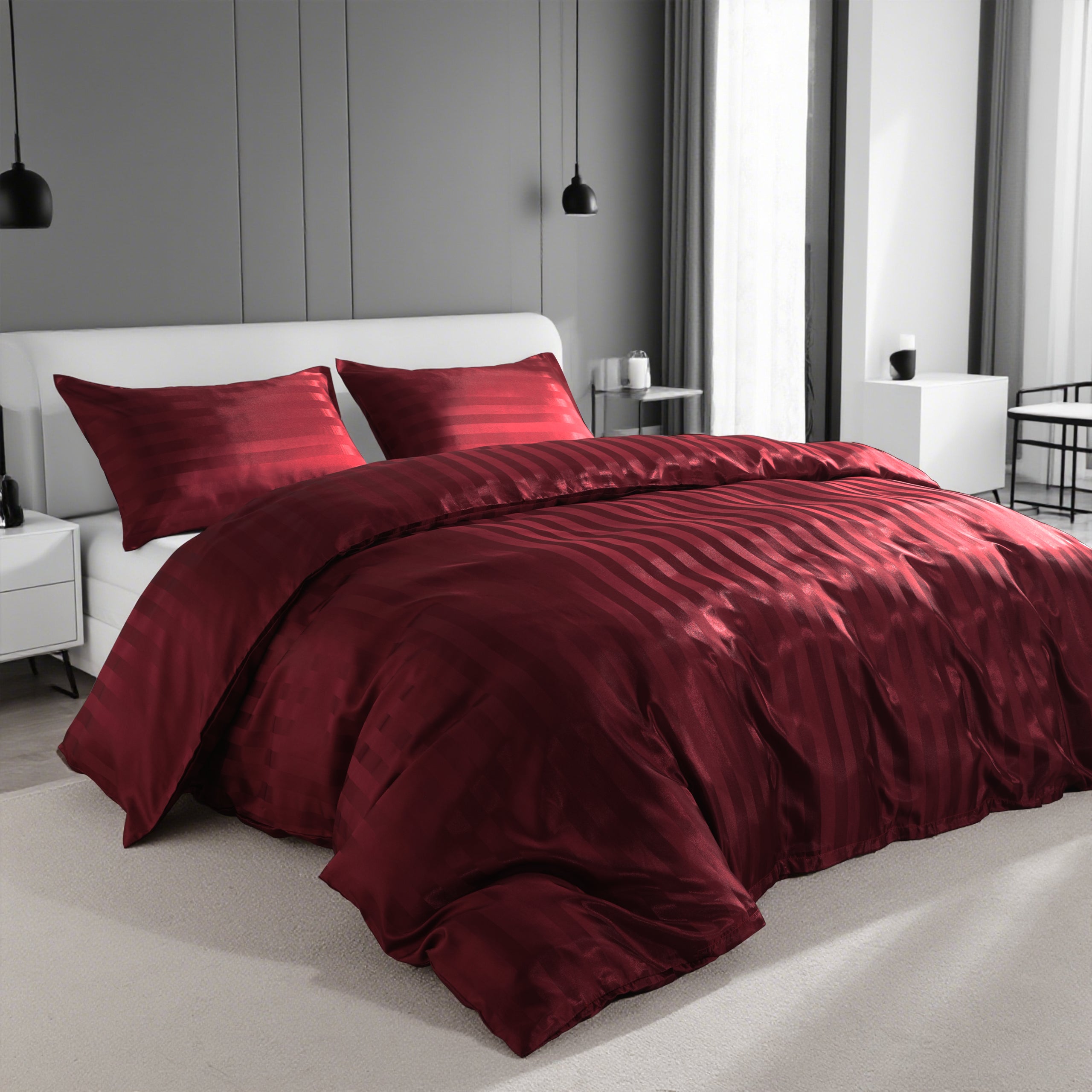 Ntbay 3-Pieces Silky Satin Stripe Duvet Cover Set