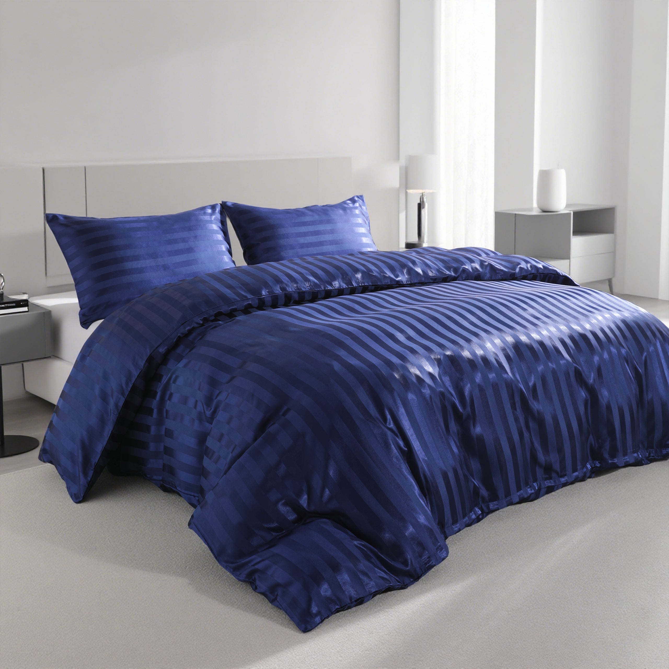 Ntbay 3-Pieces Silky Satin Stripe Duvet Cover Set
