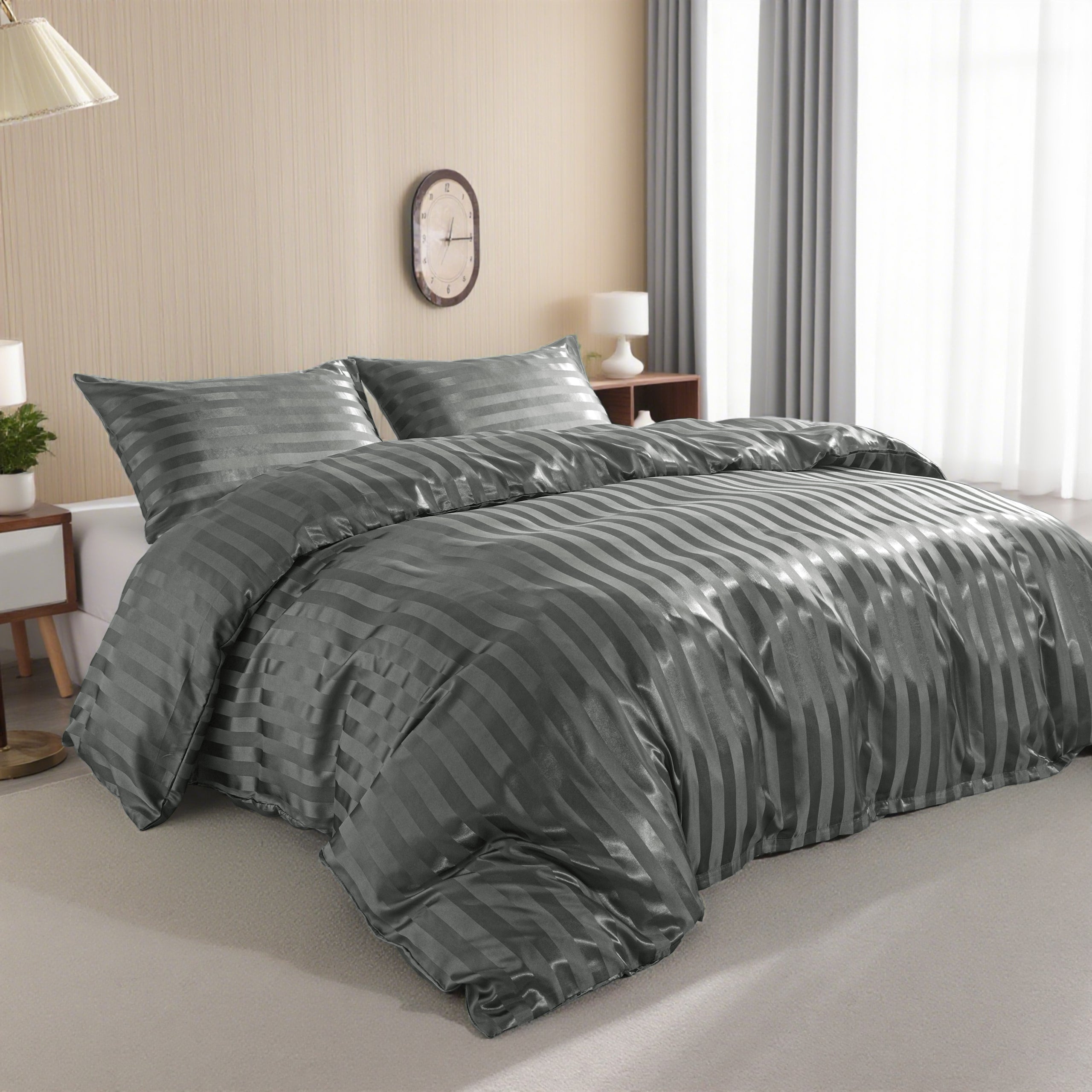 Ntbay 3-Pieces Silky Satin Stripe Duvet Cover Set